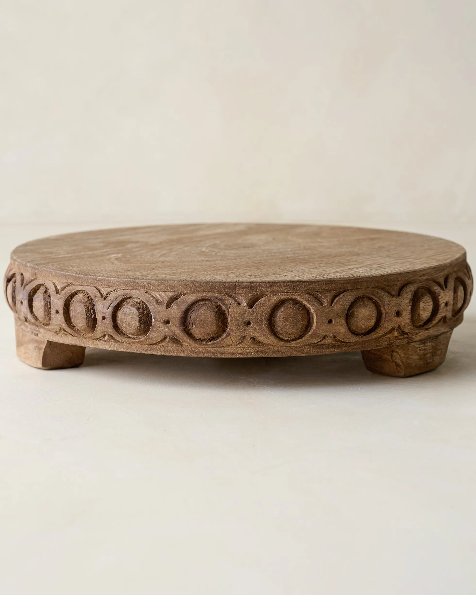Antiqued Carved Wood Round Riser