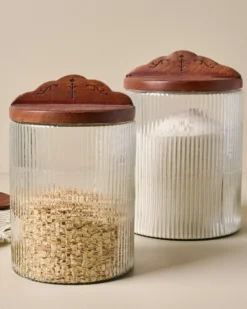 Antiqued Wood Ribbed Glass Canister
