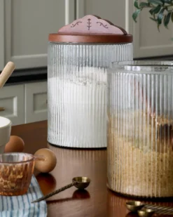 Antiqued Wood Ribbed Glass Canister
