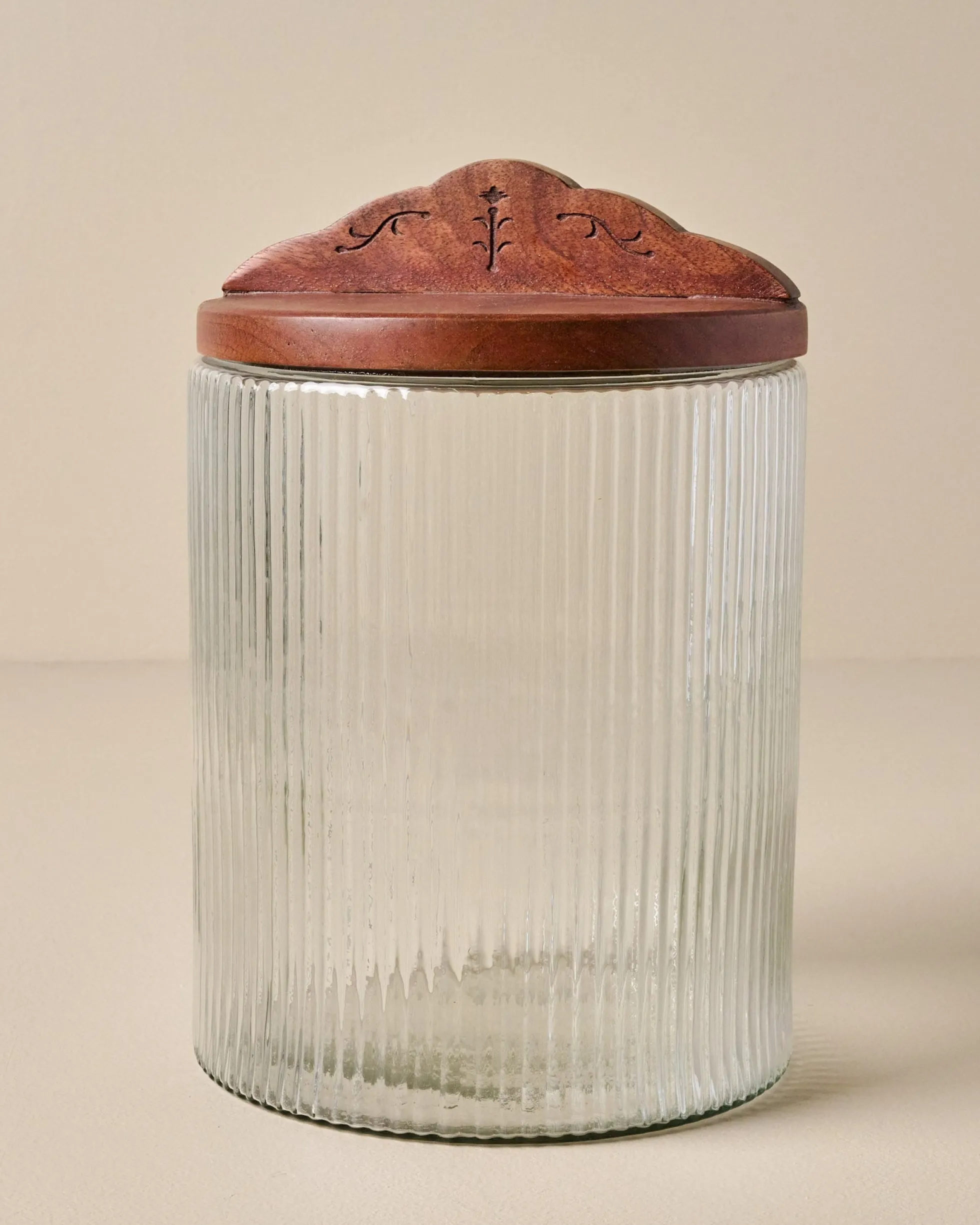 Antiqued Wood Ribbed Glass Canister