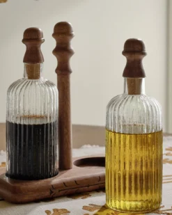 Antiqued Wood Ribbed Glass Oil & Vinegar Set