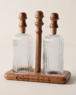 Antiqued Wood Ribbed Glass Oil & Vinegar Set