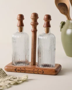 Antiqued Wood Ribbed Glass Oil & Vinegar Set