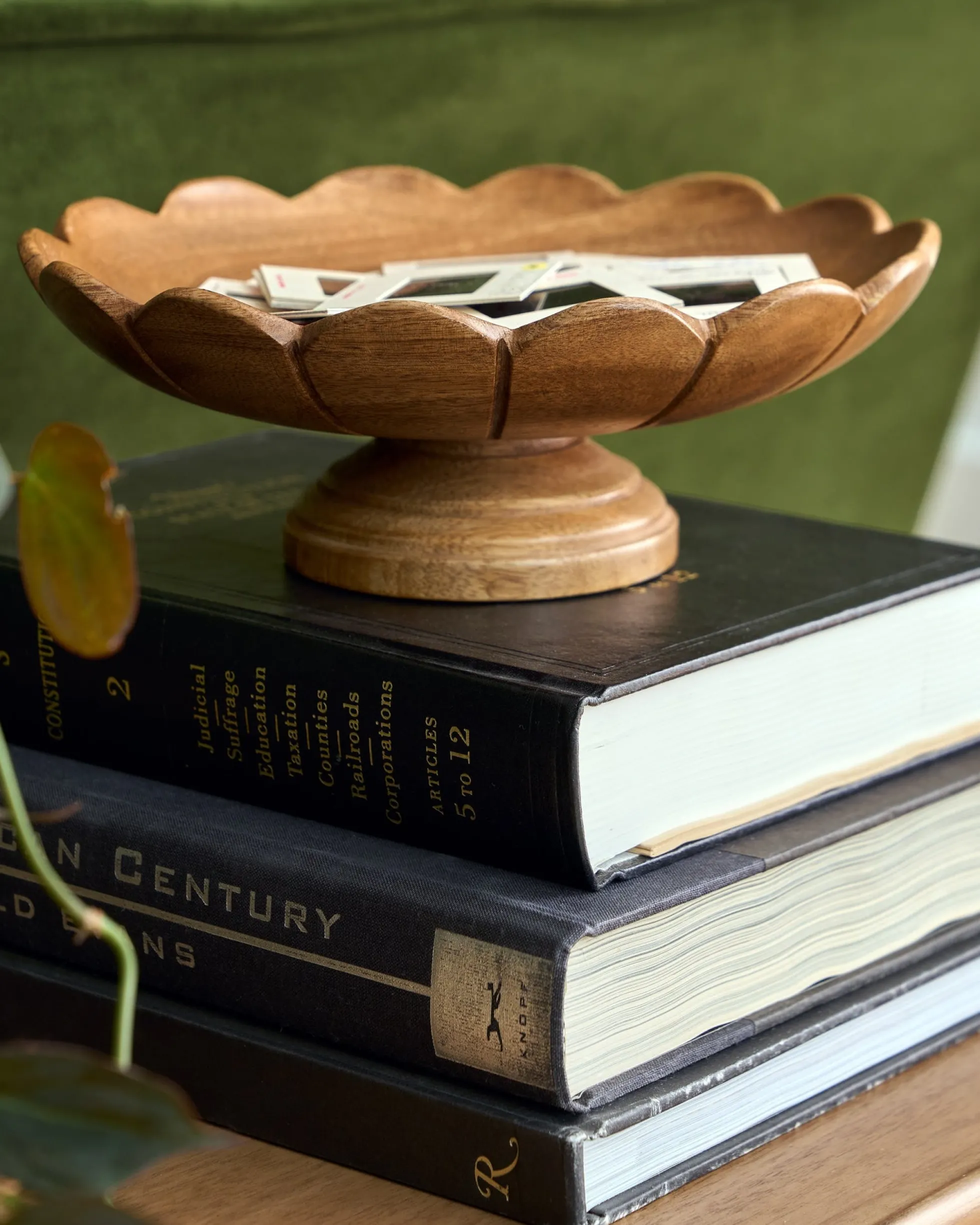 Decorative Antiqued Wood Footed Bowl