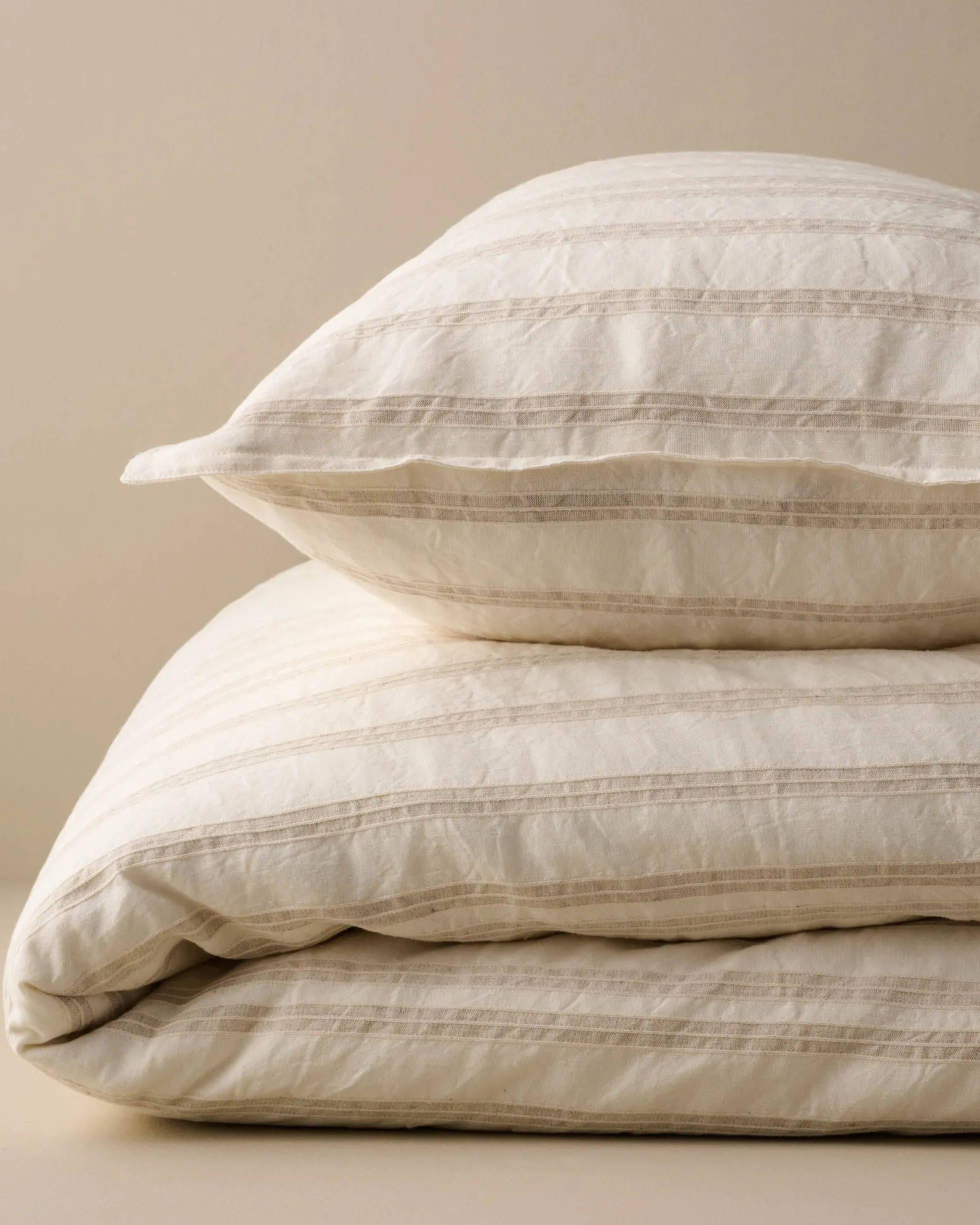 Embroidered Stripe Linen Cotton Duvet Cover - Oatmeal