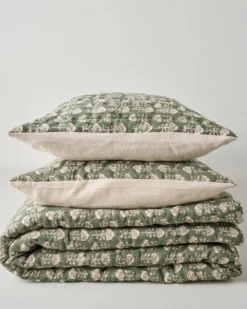 Flora Block Print Quilt - Dusty Green