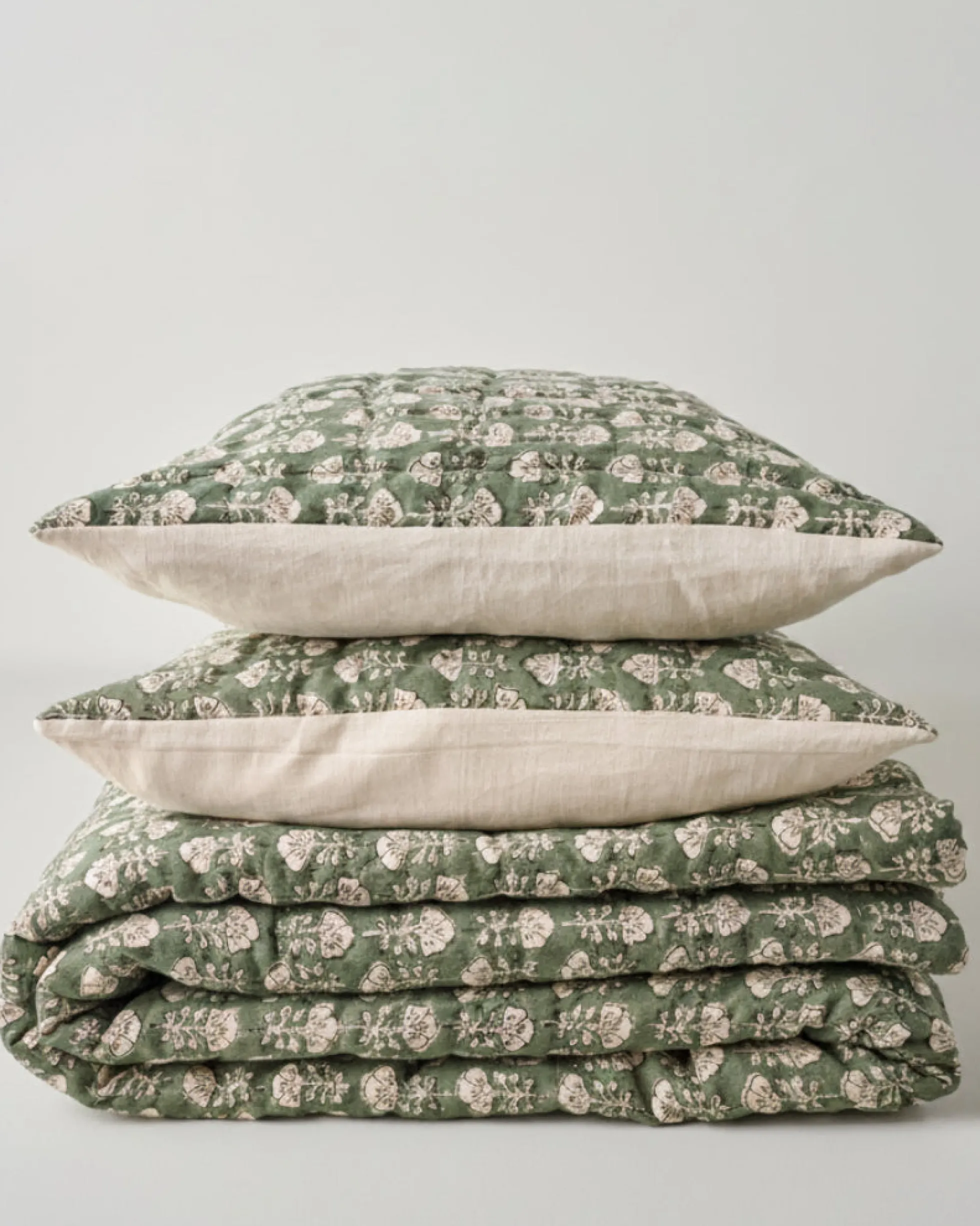 Flora Block Print Quilt - Dusty Green