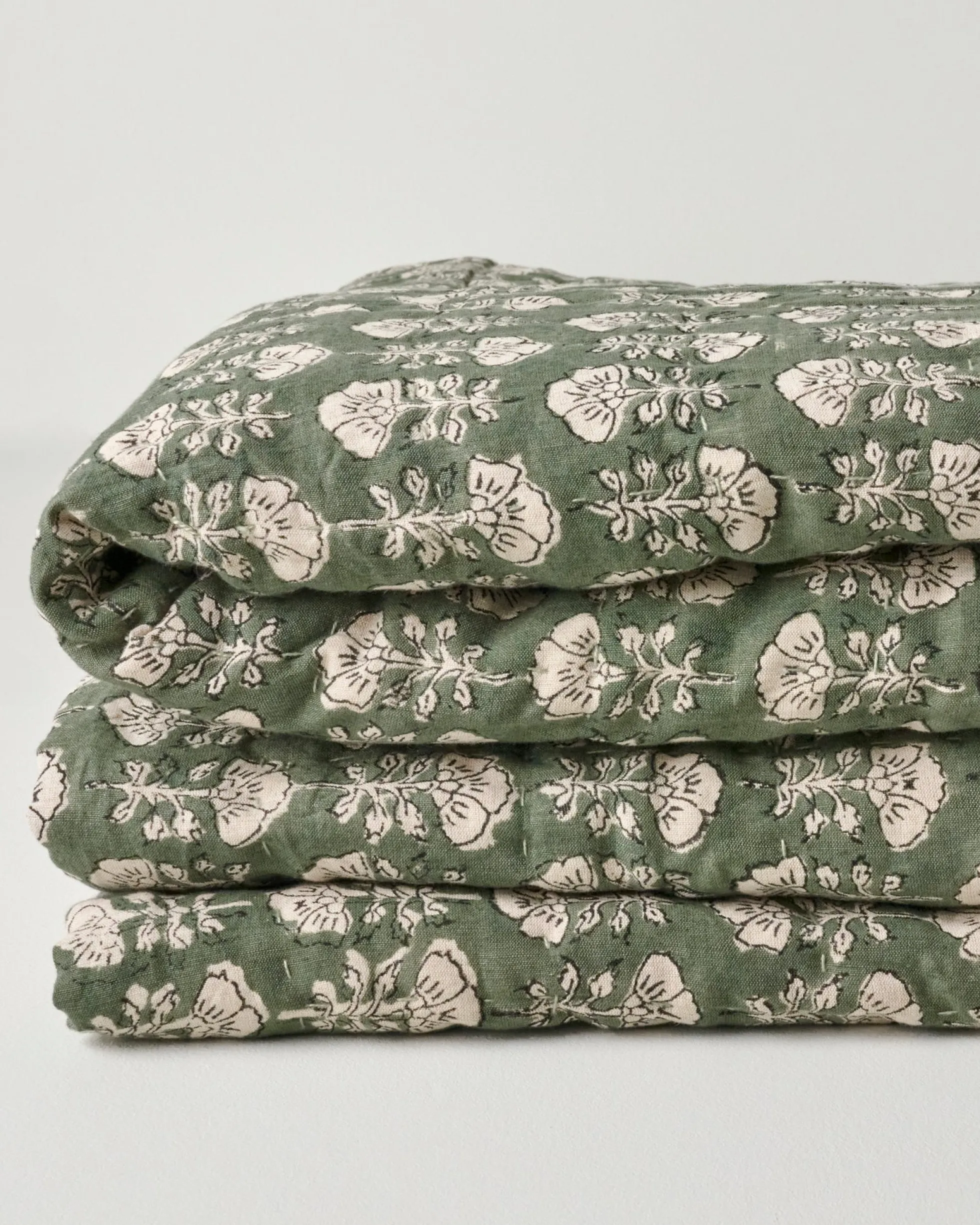Flora Block Print Quilt - Dusty Green