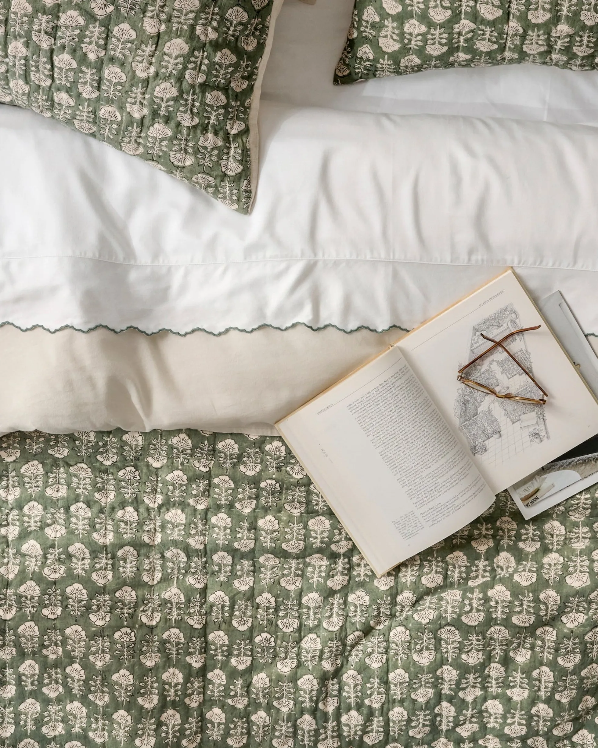 Flora Block Print Quilt - Dusty Green