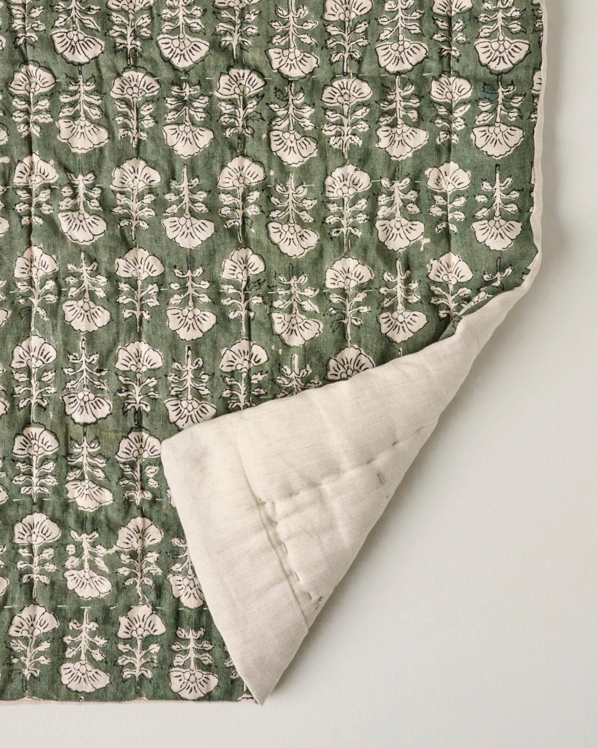 Flora Block Print Quilt - Dusty Green