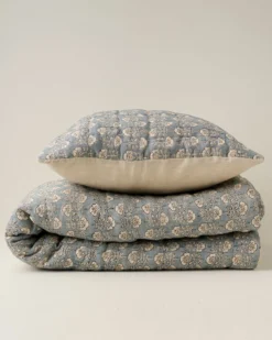 Flora Block Print Quilt - Silver Blue