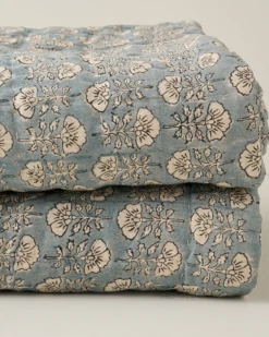 Flora Block Print Quilt - Silver Blue