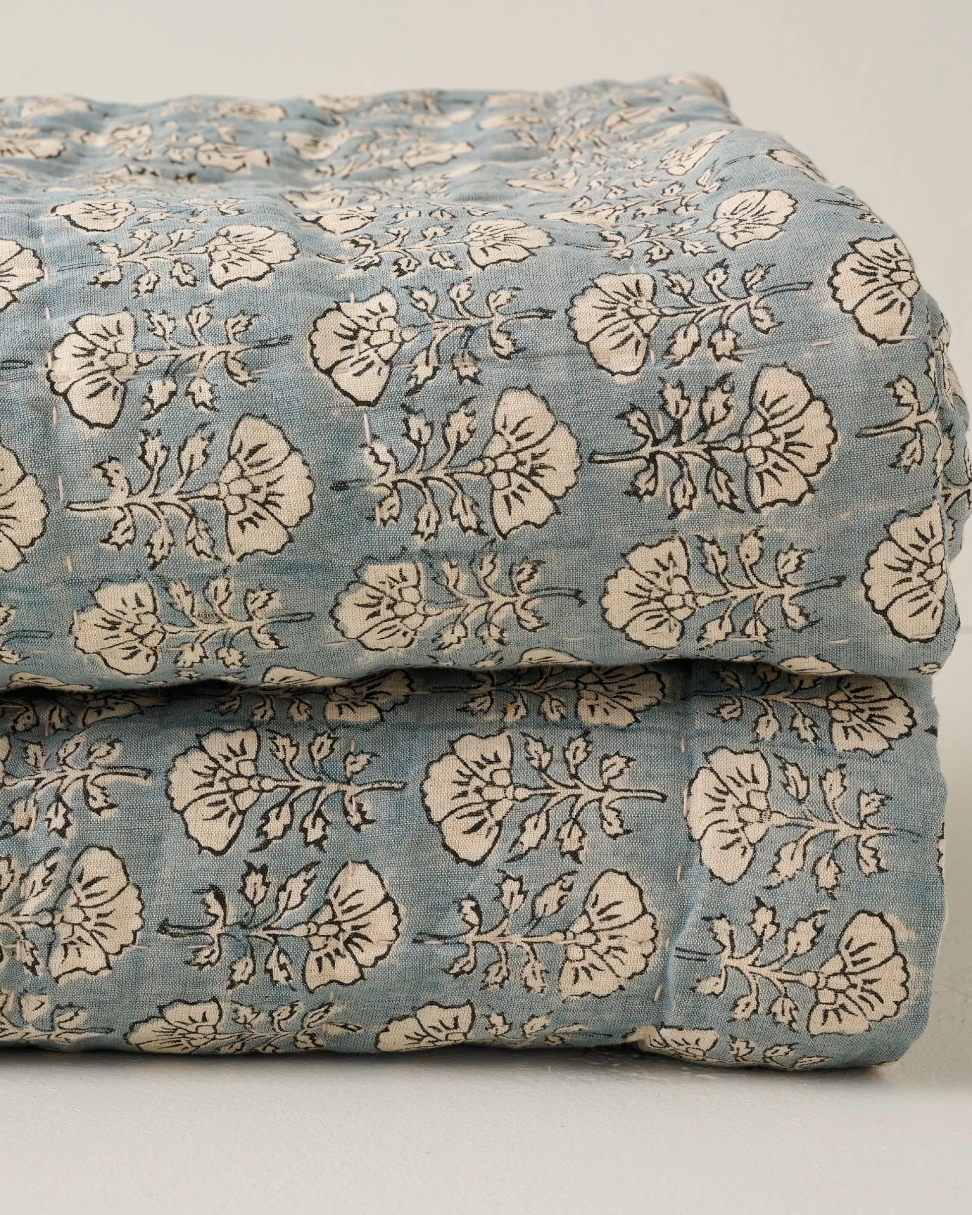 Flora Block Print Quilt - Silver Blue