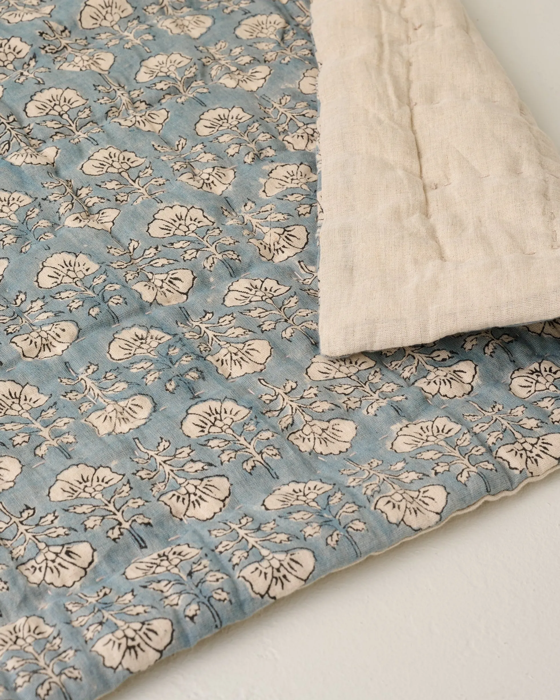 Flora Block Print Quilt - Silver Blue
