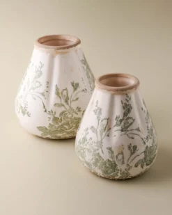 Fluted Green and White Distressed Vase