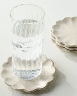 French White Scalloped Edge Stoneware Coaster Set