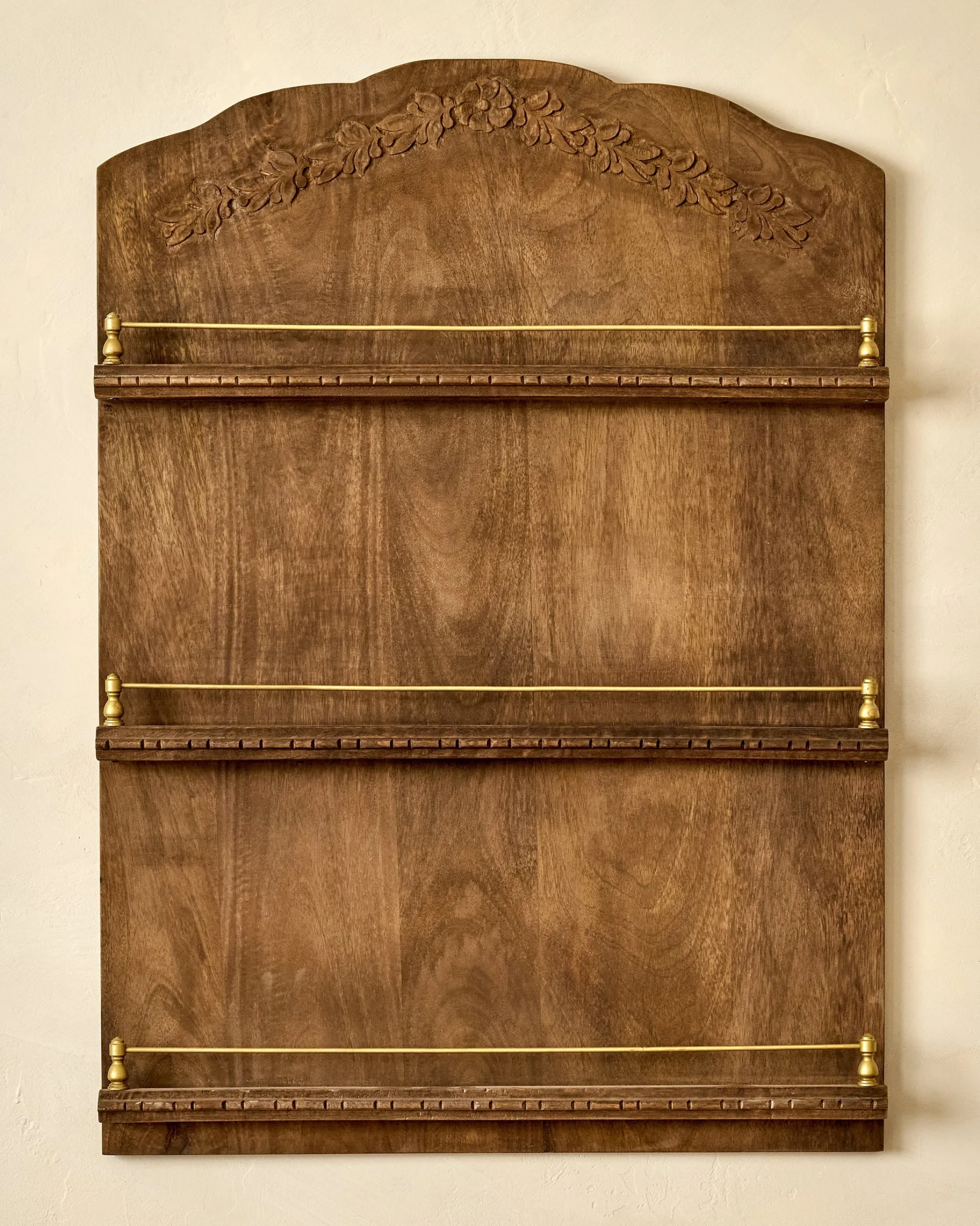 Gloria Carved Wood and Brass Display Shelf