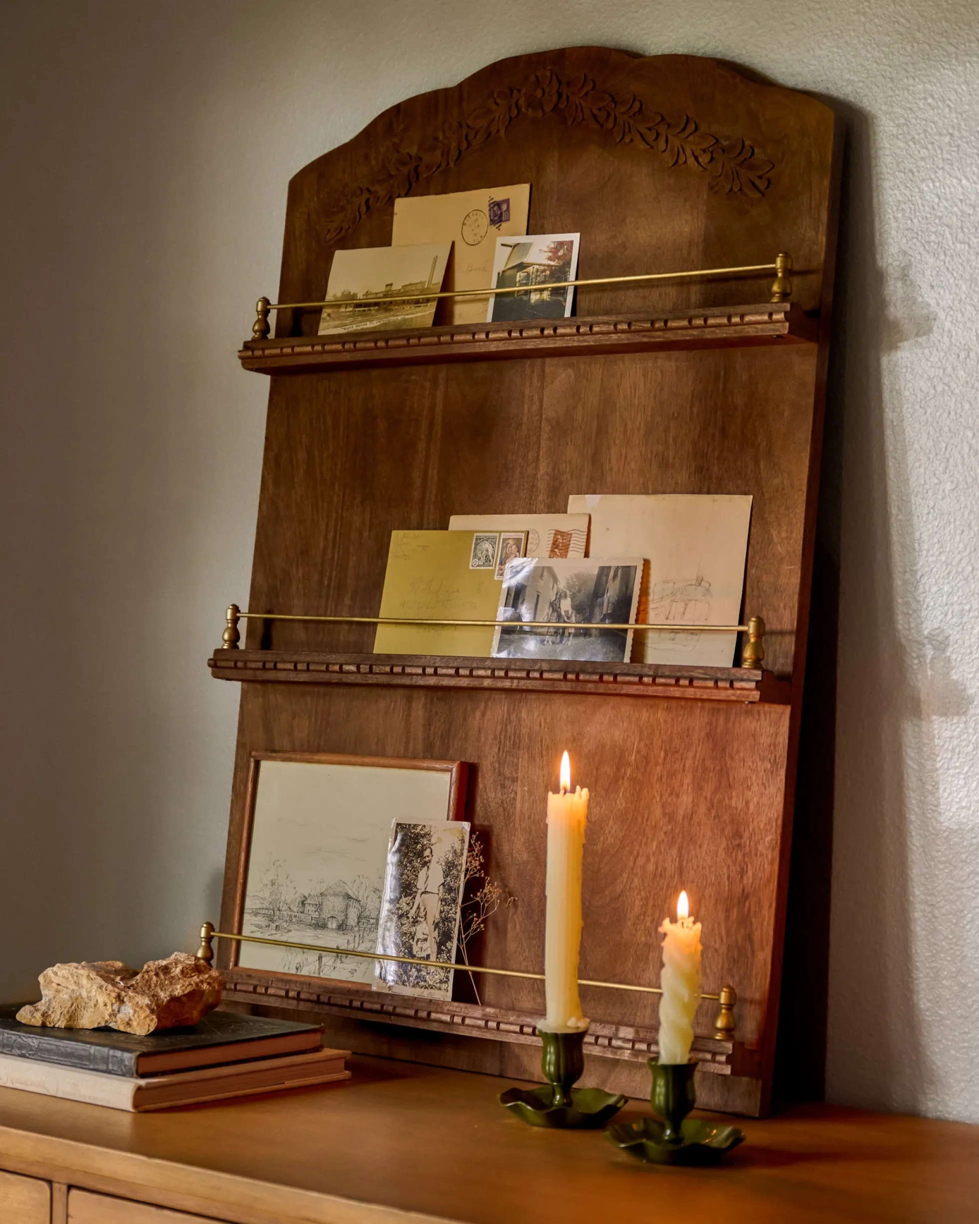 Gloria Carved Wood and Brass Display Shelf