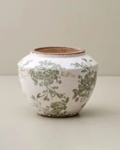 Green and White Distressed Floral Vase