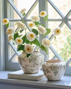 Green and White Distressed Floral Vase