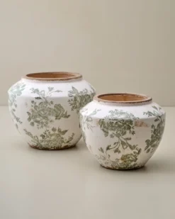 Green and White Distressed Floral Vase