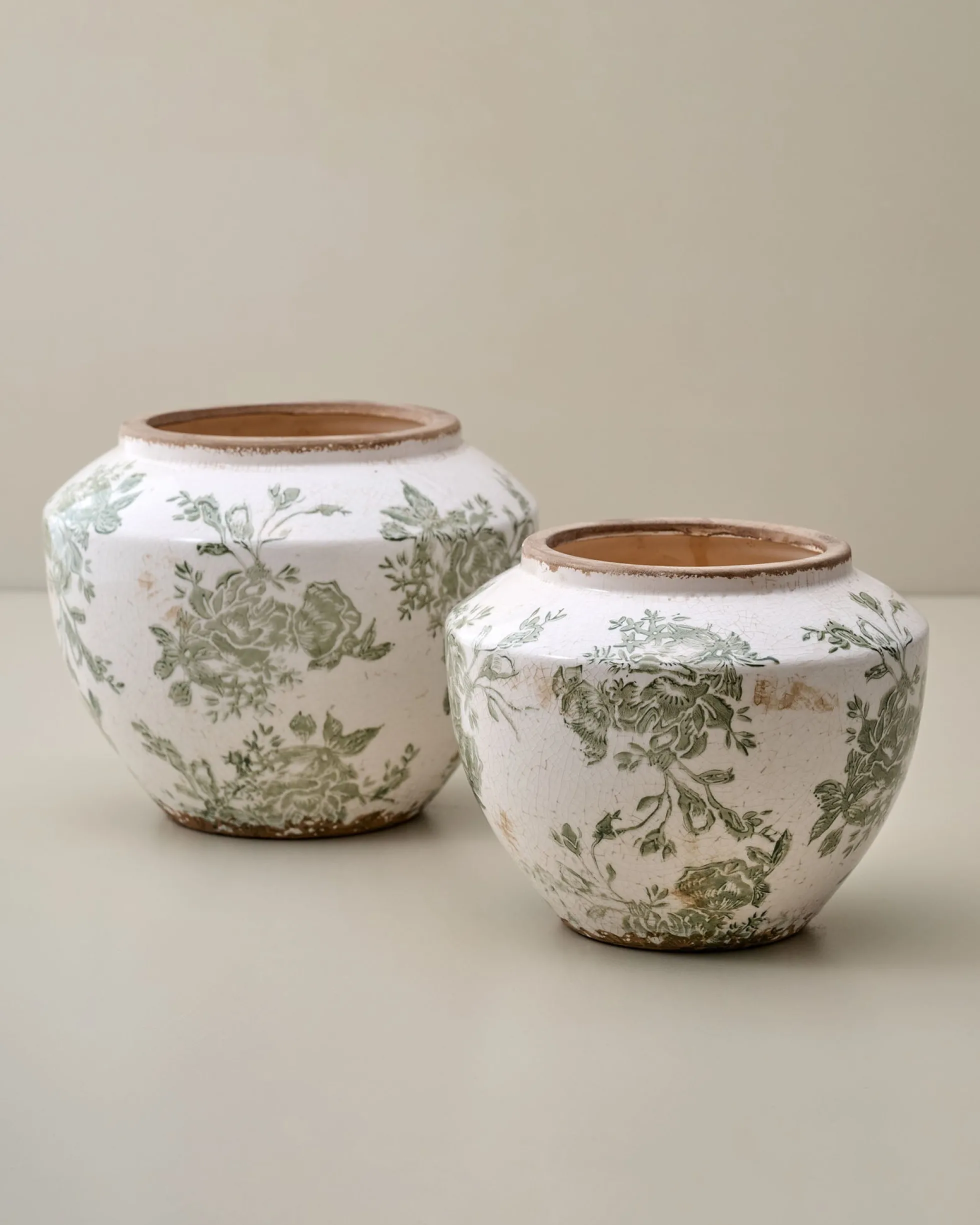 Green and White Distressed Floral Vase