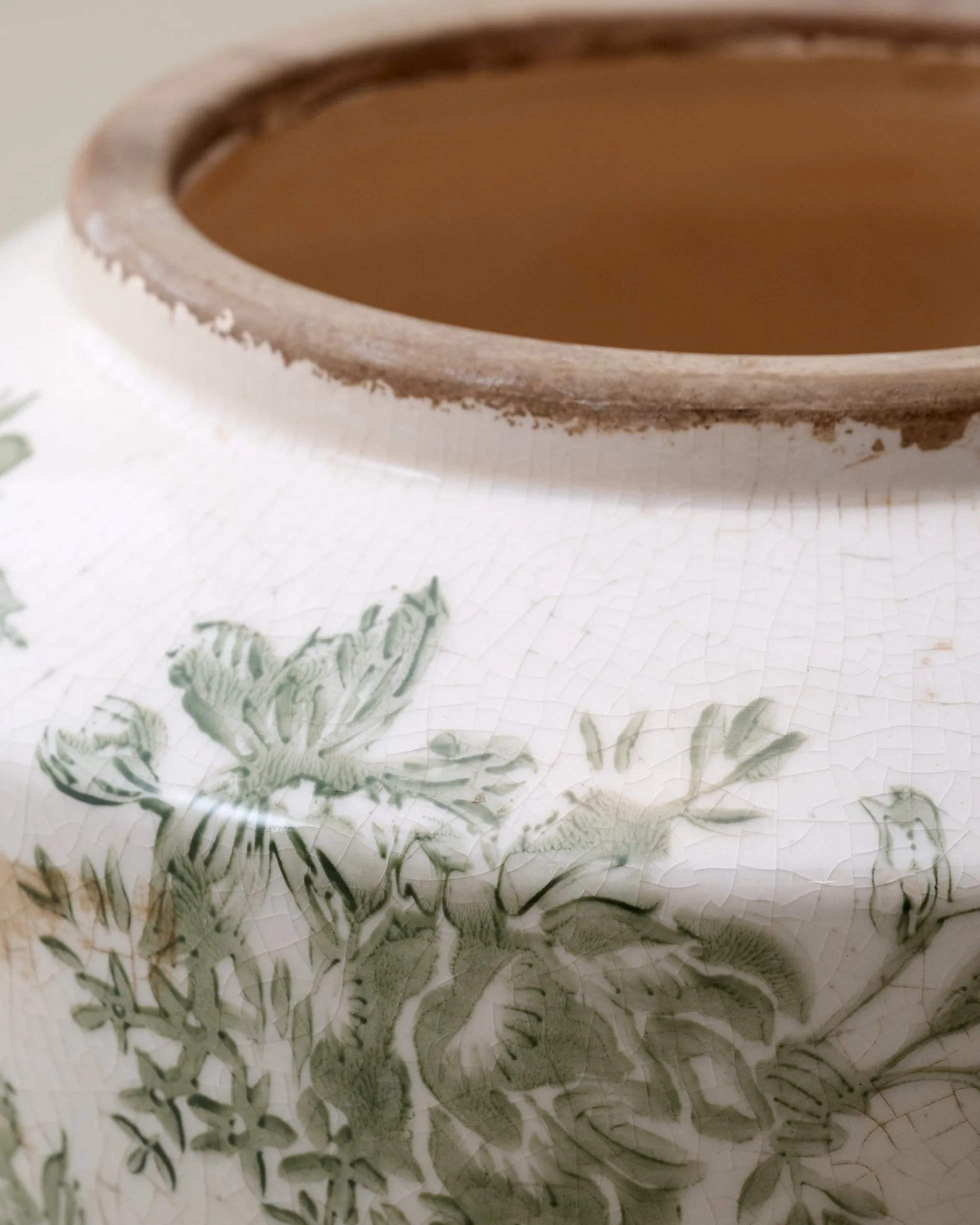 Green and White Distressed Floral Vase