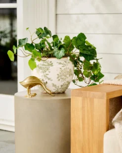 Green and White Distressed Floral Vase