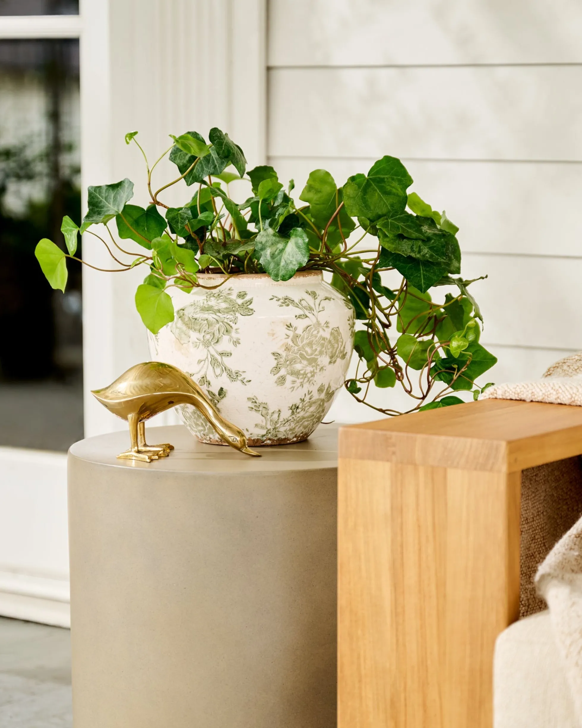 Green and White Distressed Floral Vase