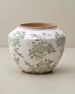 Green and White Distressed Floral Vase