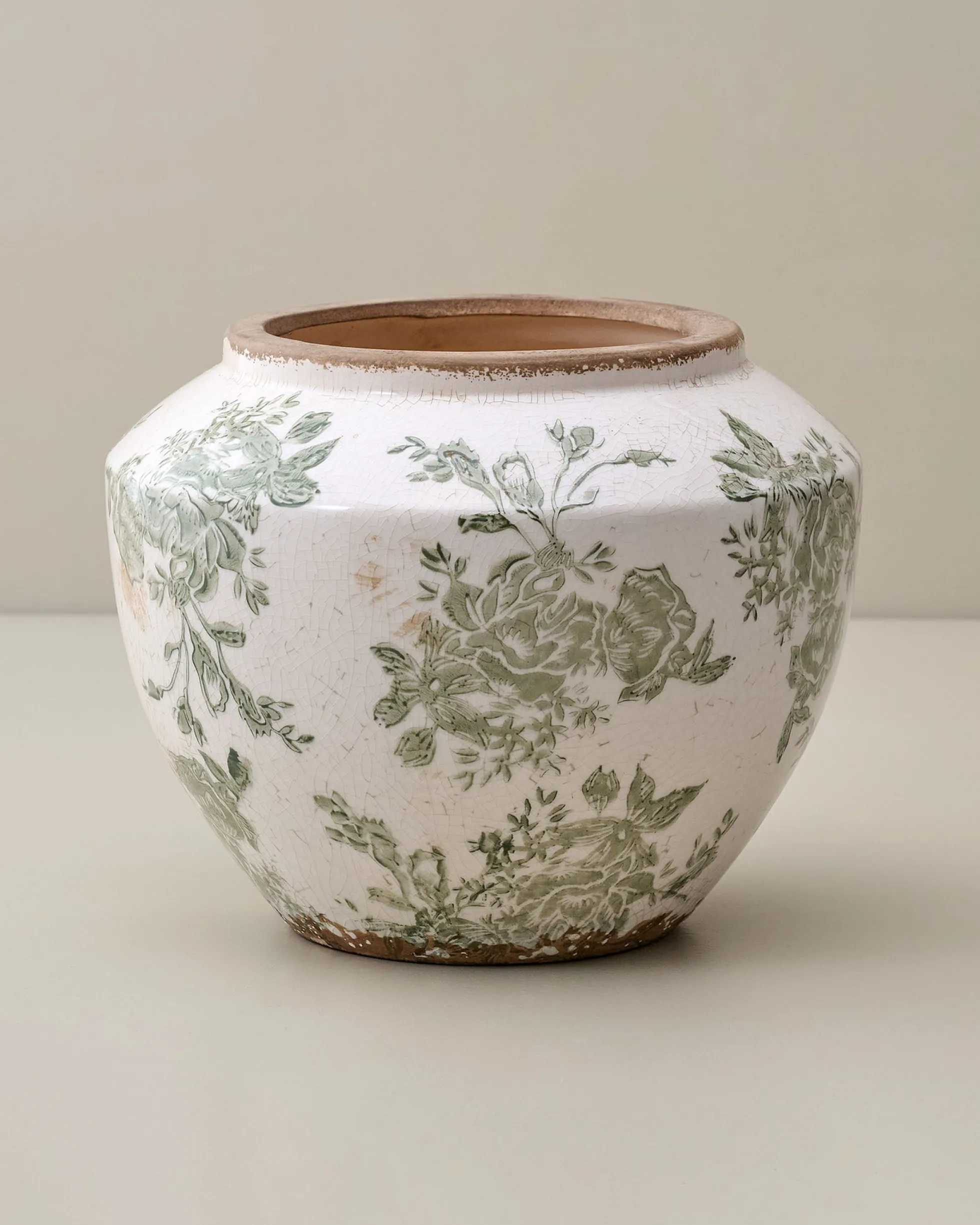 Green and White Distressed Floral Vase