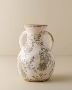 Green and White Distressed Vase with Handle
