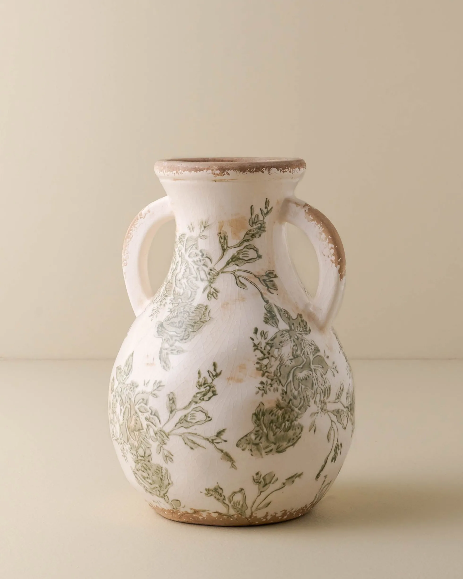 Green and White Distressed Vase with Handle
