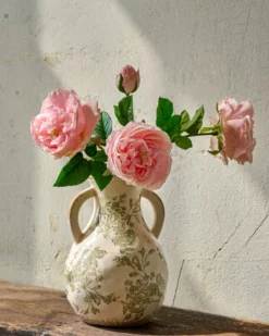 Green and White Distressed Vase with Handle