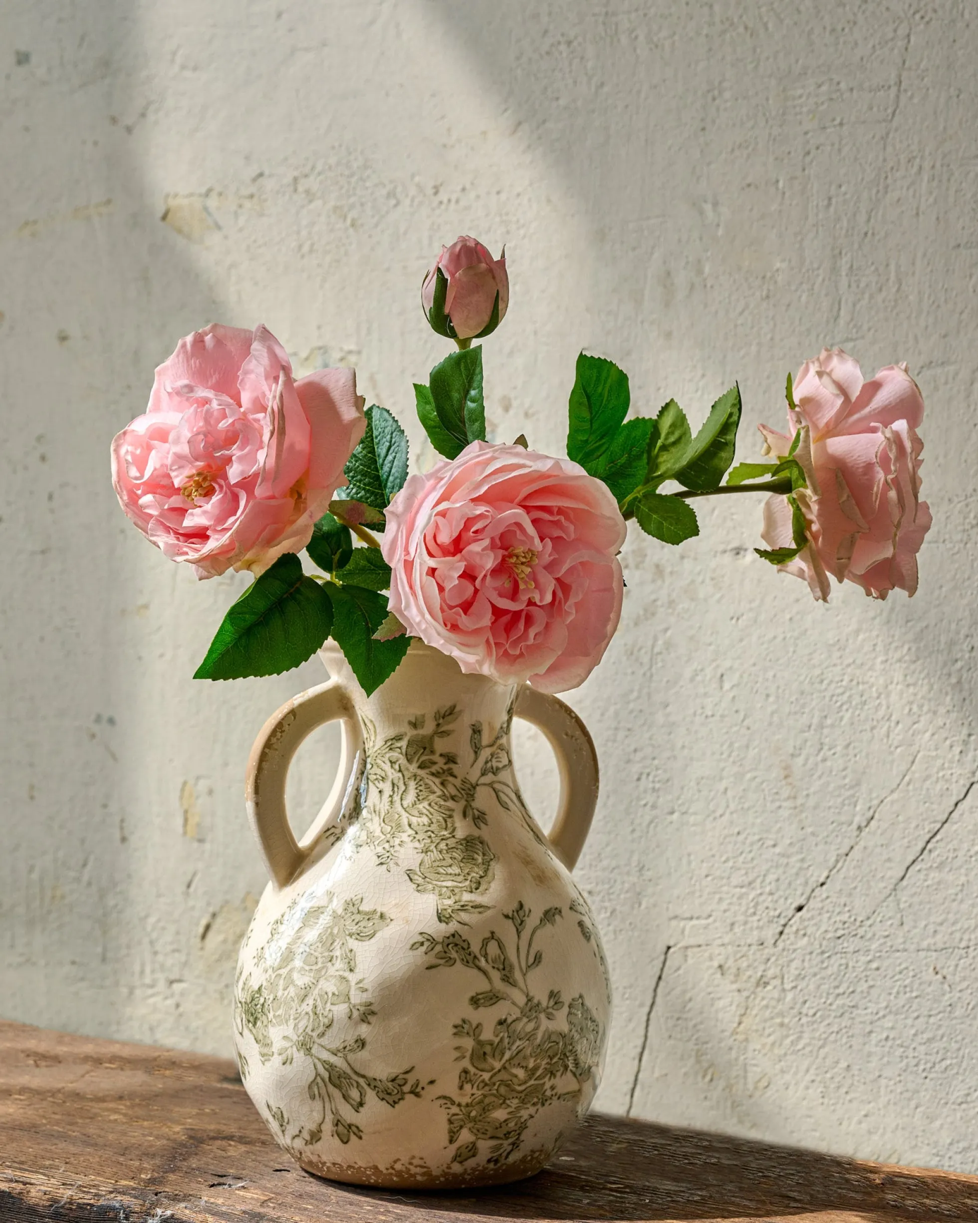 Green and White Distressed Vase with Handle