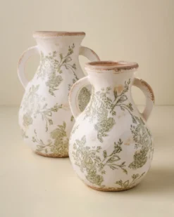 Green and White Distressed Vase with Handle