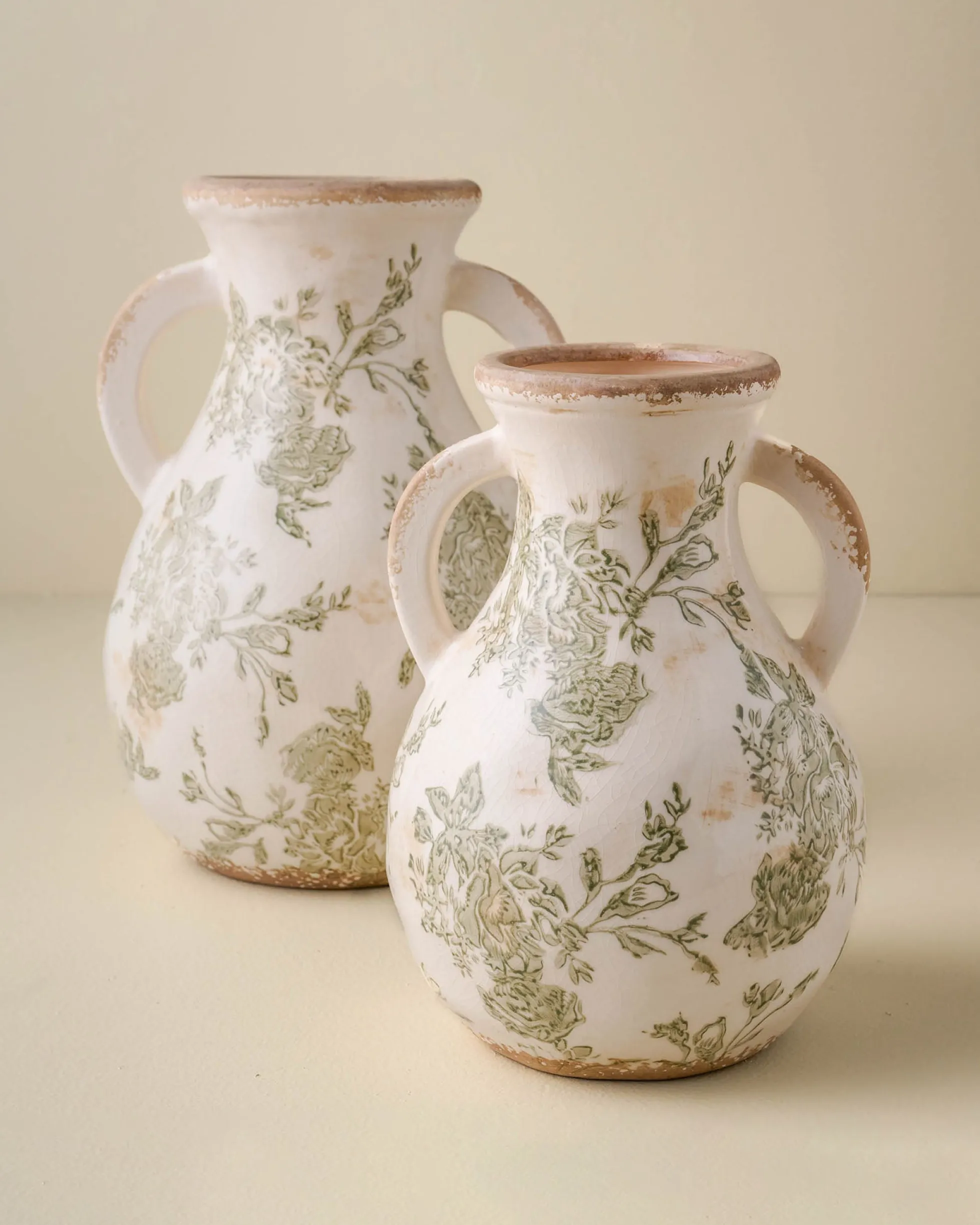 Green and White Distressed Vase with Handle
