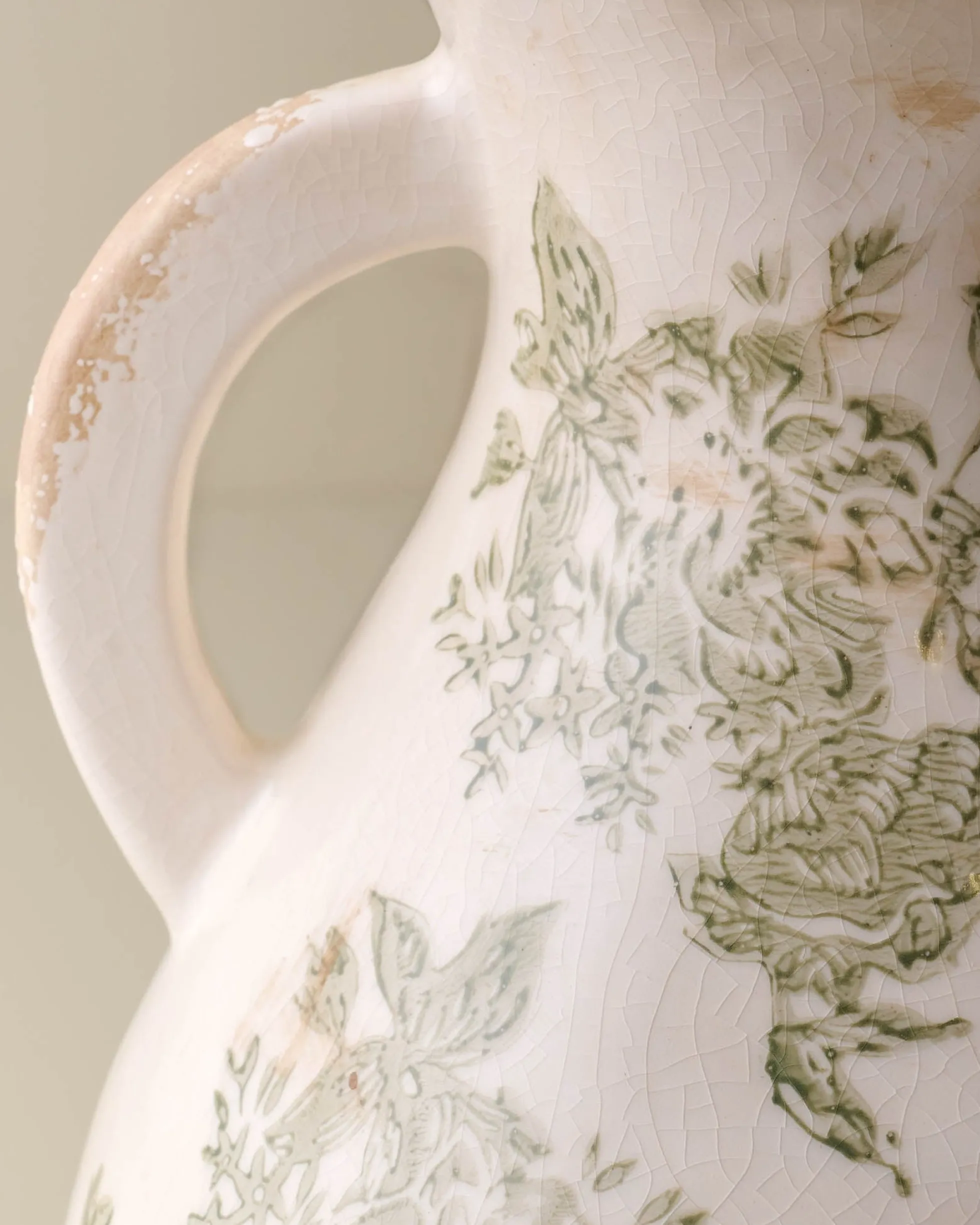 Green and White Distressed Vase with Handle