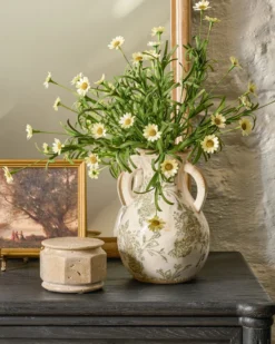 Green and White Distressed Vase with Handle