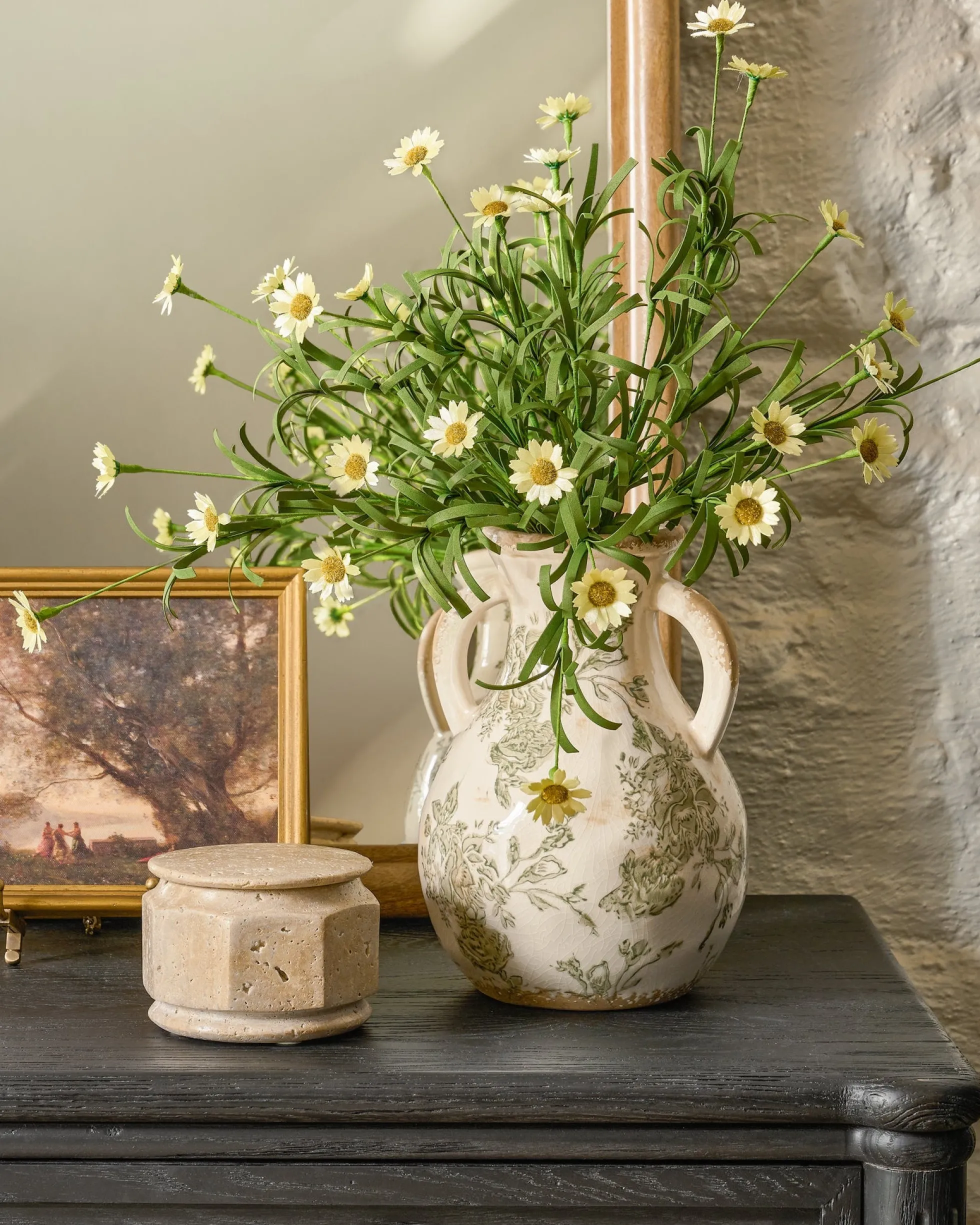 Green and White Distressed Vase with Handle