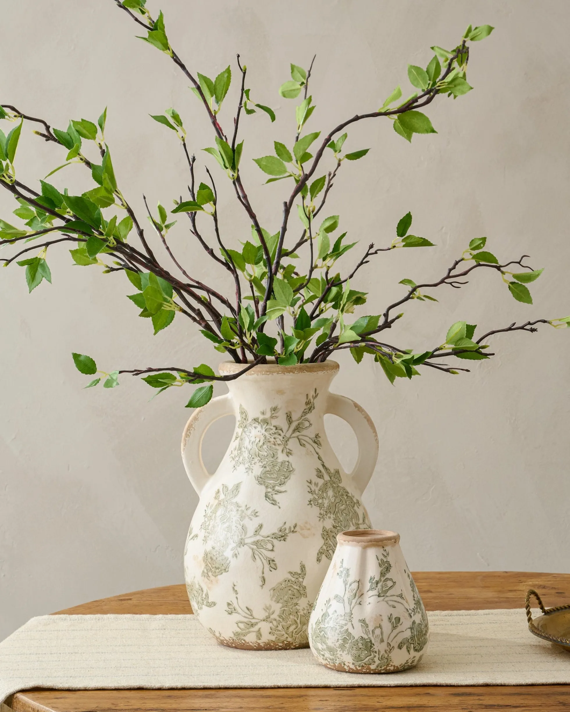 Green and White Distressed Vase with Handle