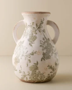Green and White Distressed Vase with Handle