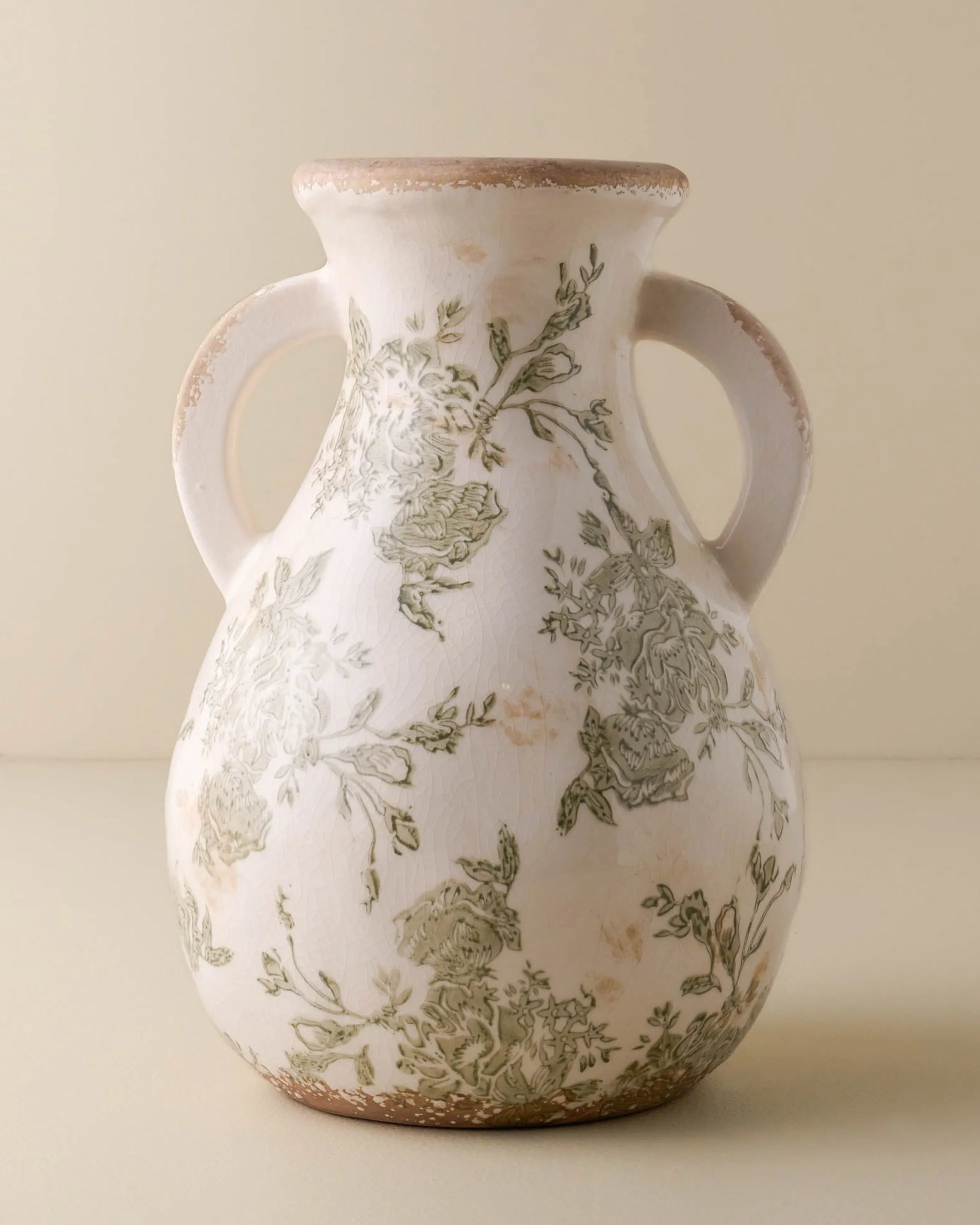 Green and White Distressed Vase with Handle