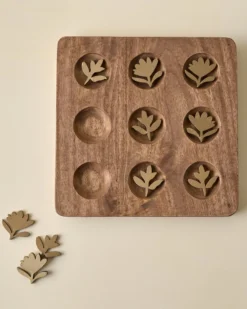 Hand Carved Wood Floral Tic Tac Toe