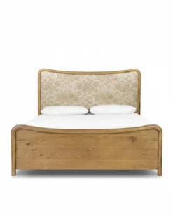 Kennie Upholstered Bed Frame with Carved Solid Oak and Linen Headboard