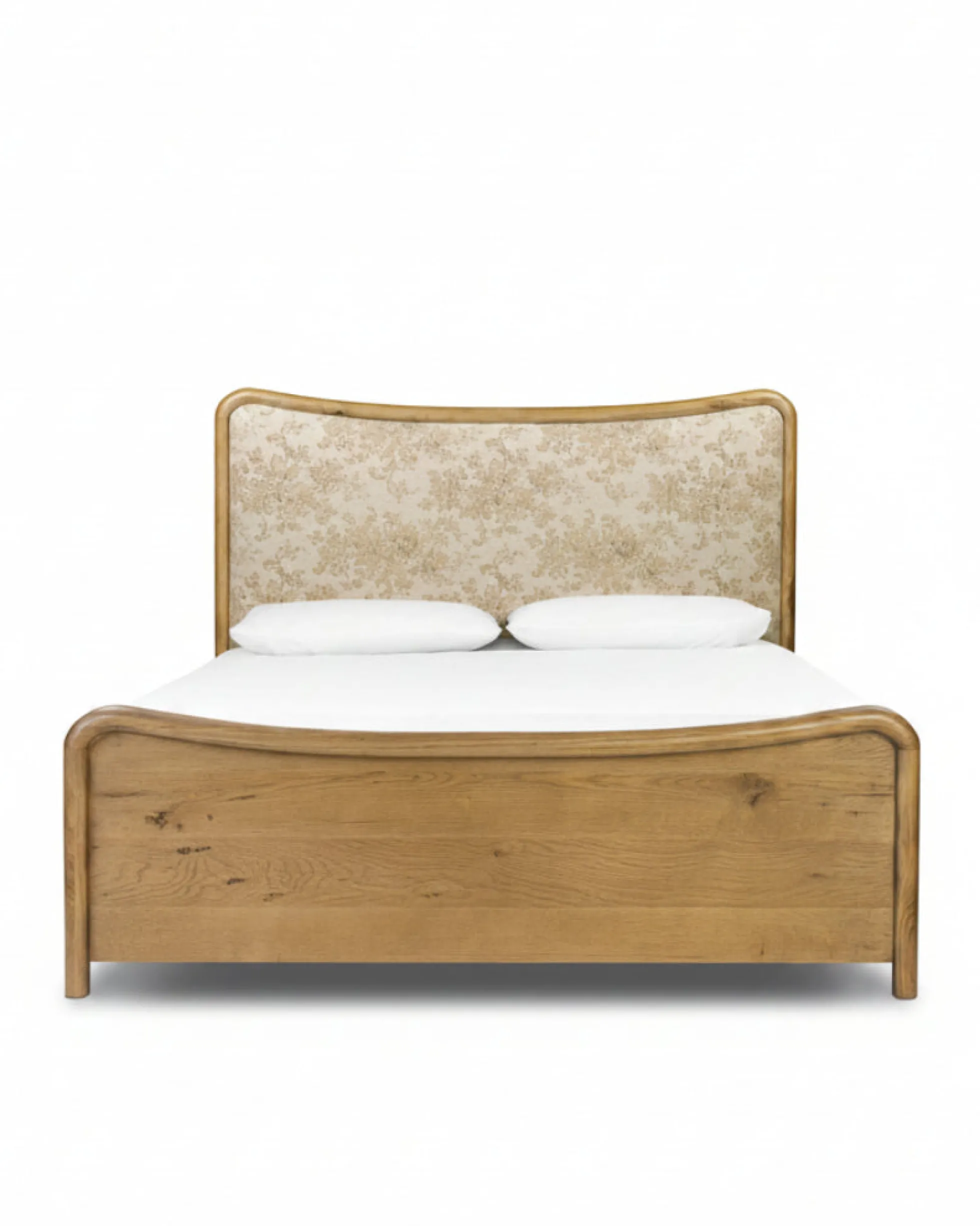 Kennie Upholstered Bed Frame with Carved Solid Oak and Linen Headboard