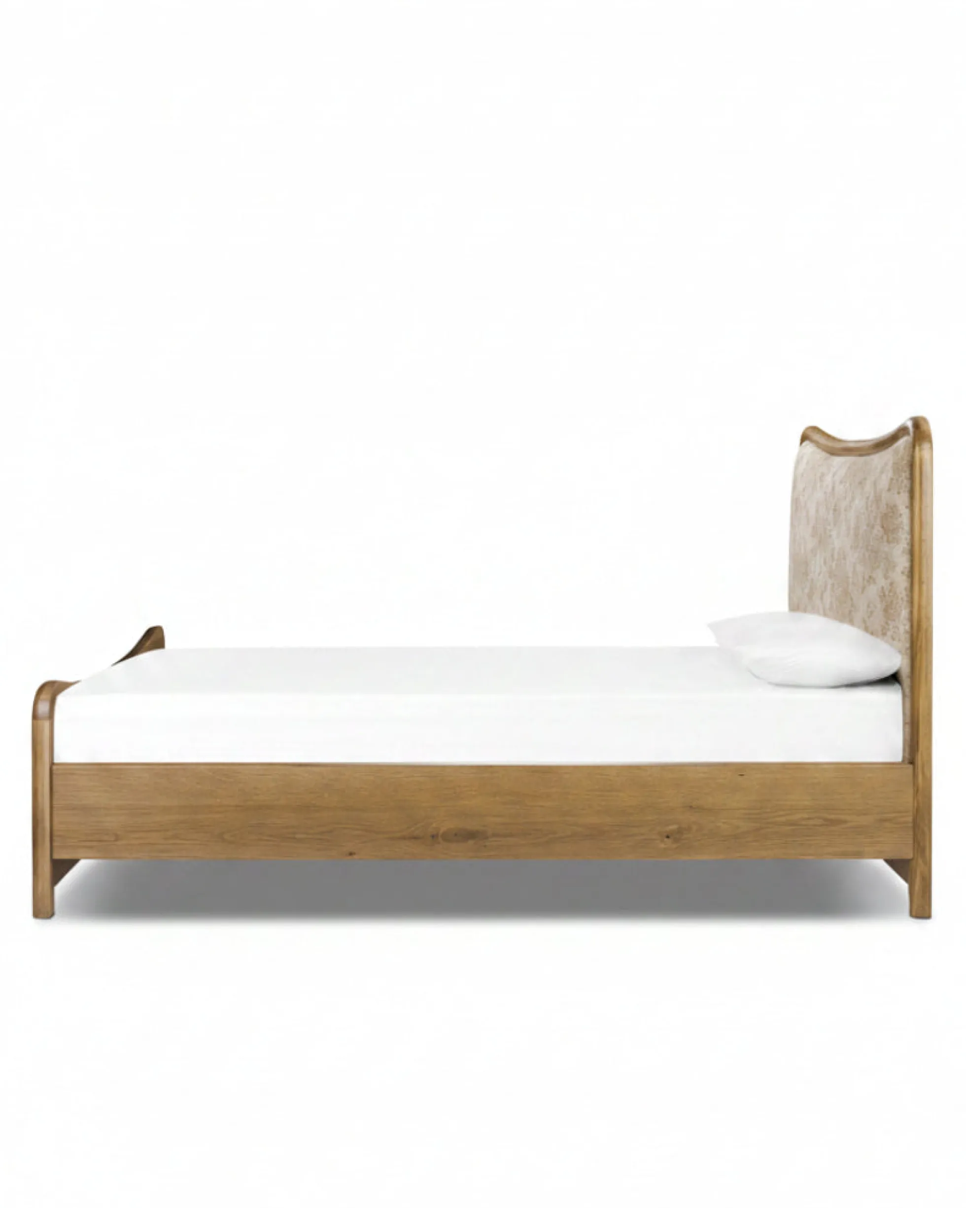 Kennie Upholstered Bed Frame with Carved Solid Oak and Linen Headboard