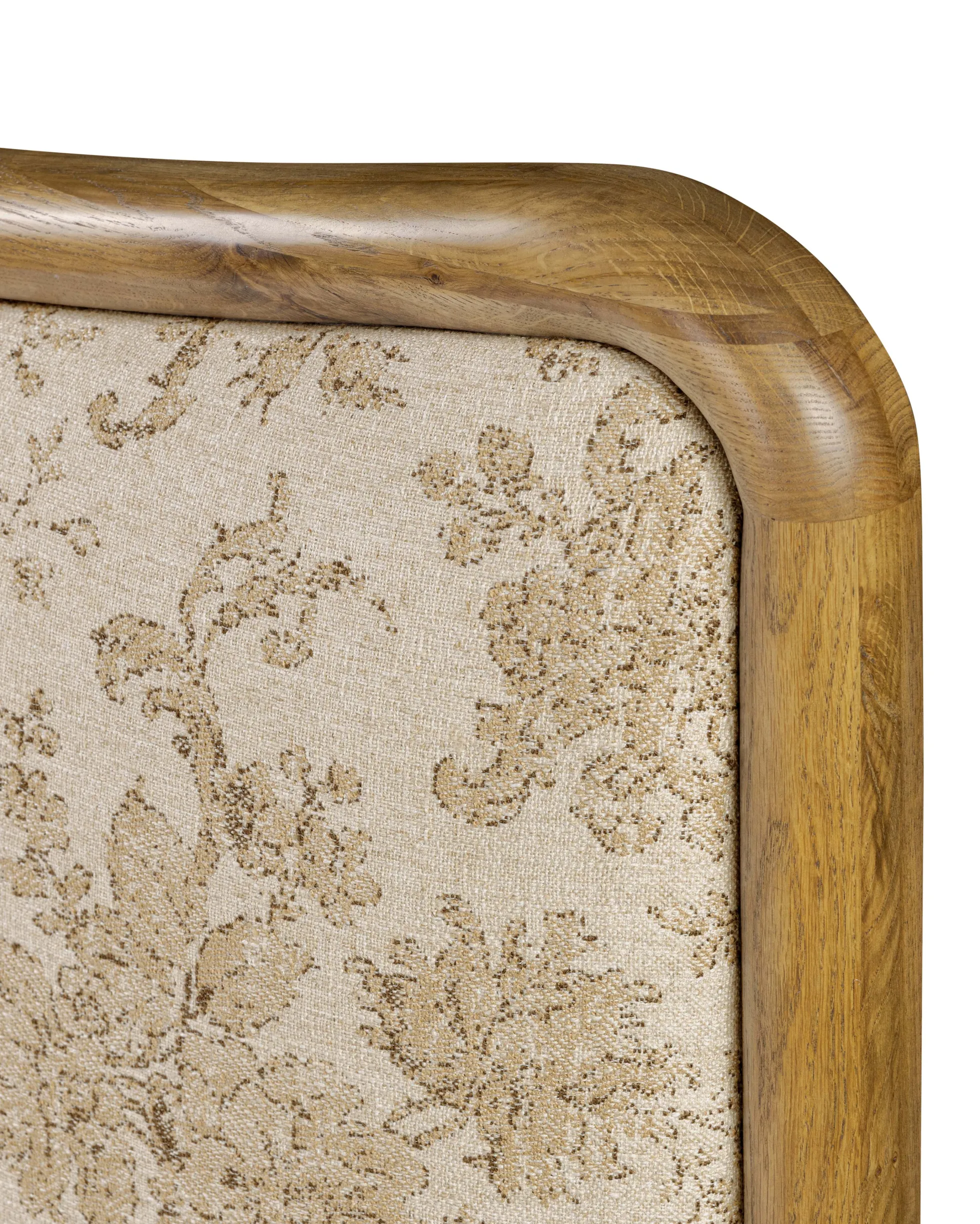 Kennie Upholstered Bed Frame with Carved Solid Oak and Linen Headboard