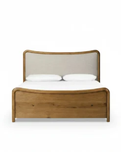 Kennie Upholstered Bed Frame with Carved Solid Oak and Linen Headboard