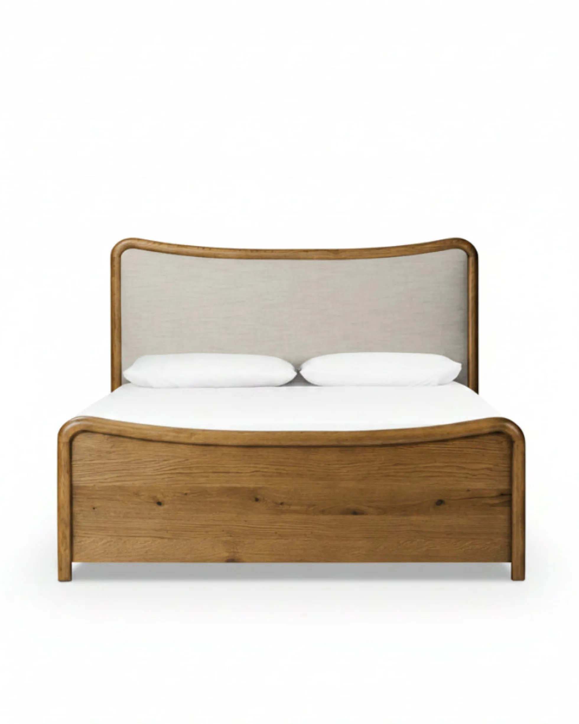 Kennie Upholstered Bed Frame with Carved Solid Oak and Linen Headboard